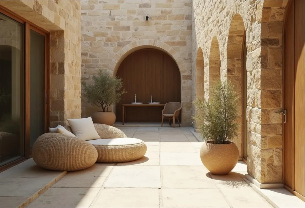 Patio installation process showing professional workers laying stone slabs in Cyprus